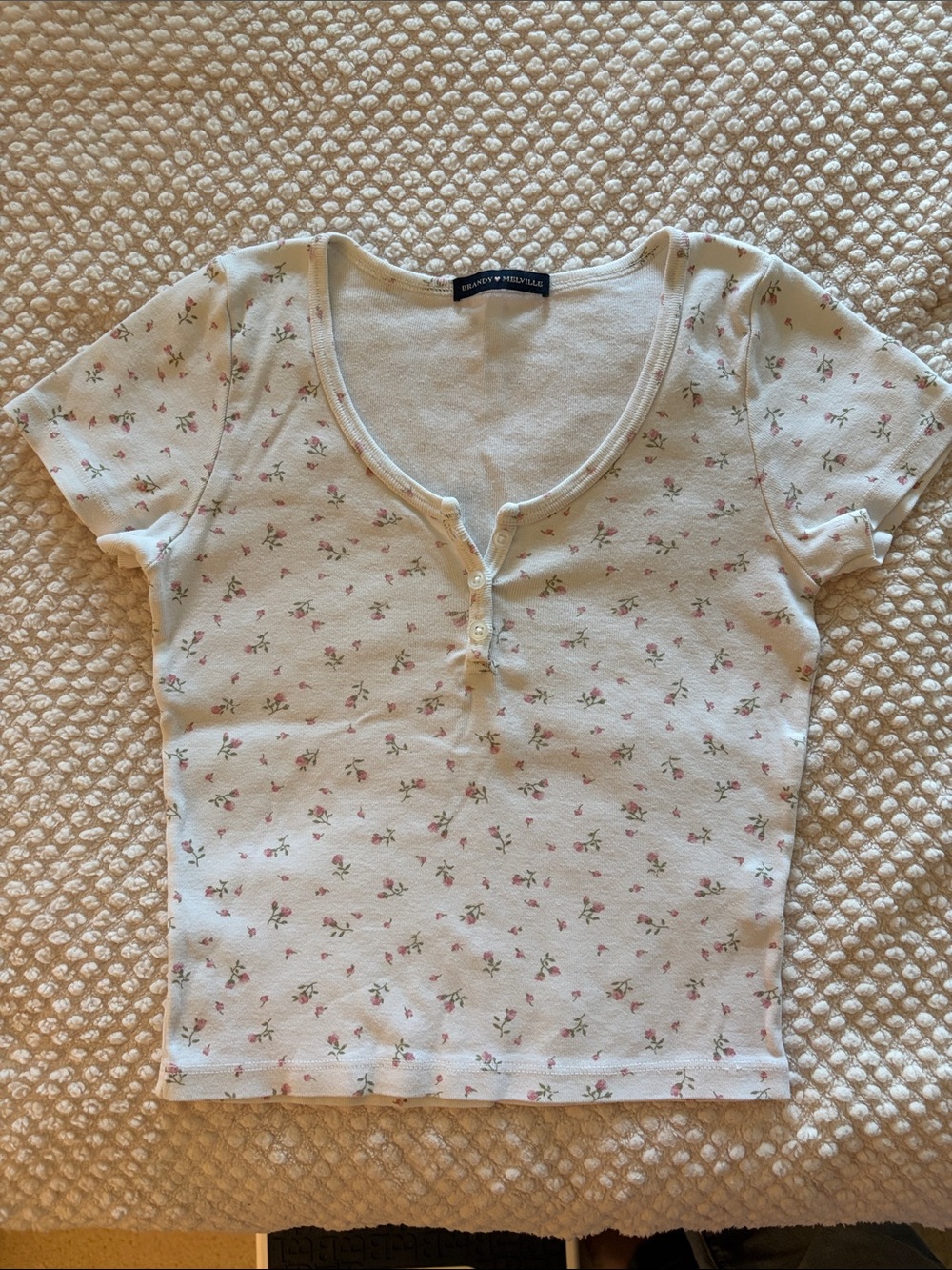 Brandy Melville Cream Ribbed Henley with Pink Floral Sprigs